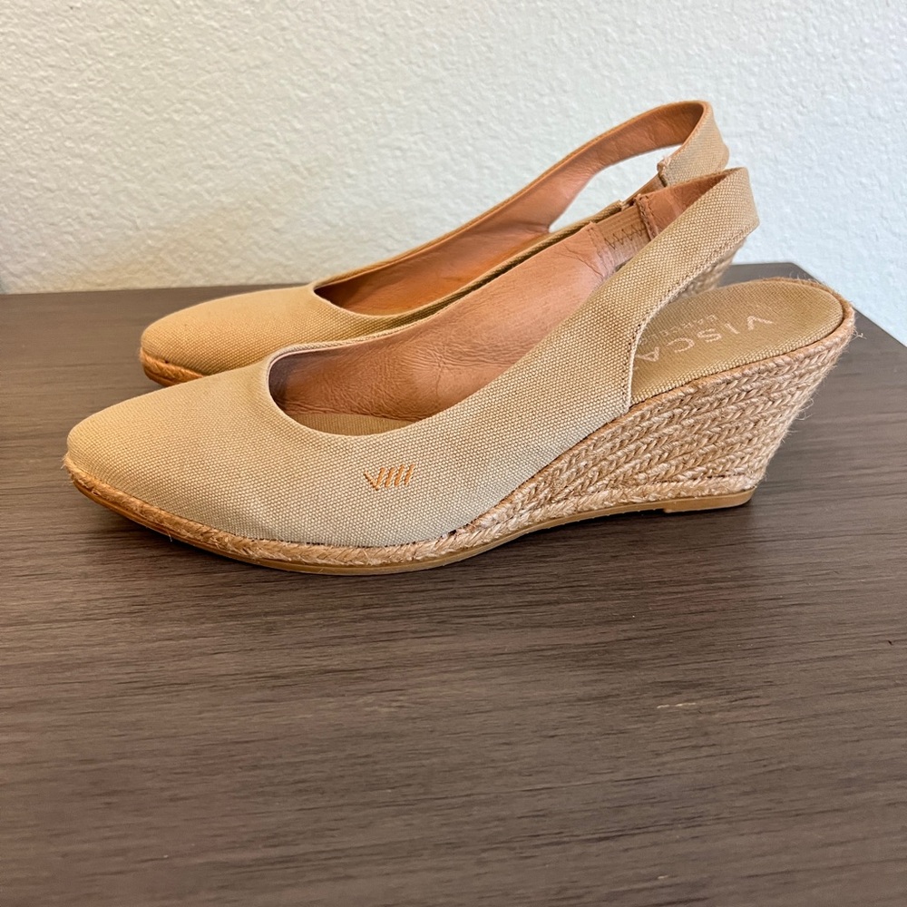Viscata Barcelona Made in Spain Women's Tan Wedge Espadrille Slingback Shoes 40